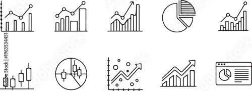 Data analysis icon set. Line icons of graphs and charts for business reporting and statistics. Vector design..eps