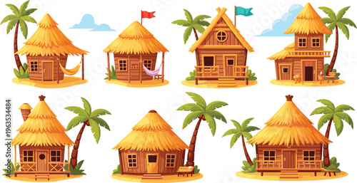Tropical Beach Hut Collection with Palms, Thatched Roof Cottages, and Colorful Flags on White Background