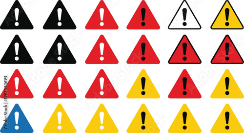 Warning Triangle Icon Set with Exclamation Mark Symbols in Red Yellow Black and Blue for Alert, Caution, Hazard, and Safety Sign Vector Collection