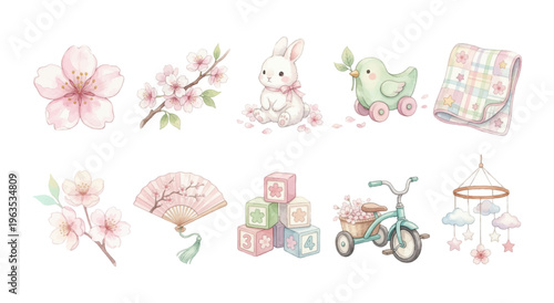 Watercolor Cherry Blossom Baby Clipart Set — 10 Spring Sakura & Nursery Elements PNG SVG Vector Illustration