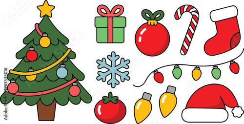 Christmas holiday vector element set featuring decorated tree gifts santa hat stocking snowflake candy cane and ornaments icon collection.