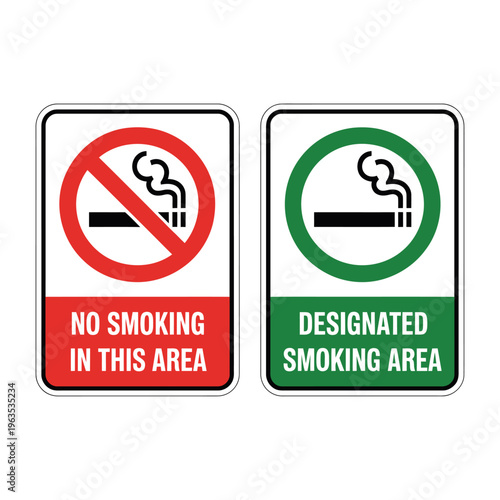 No smoking and designated smoking area signs  warning and information boards