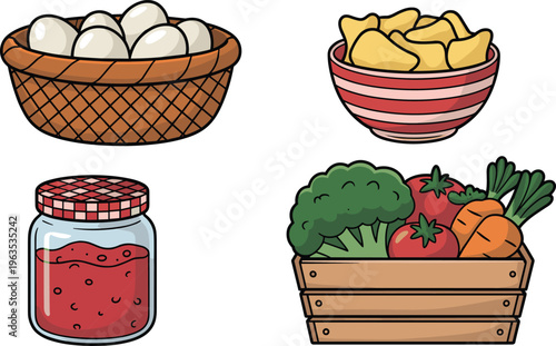 Food and grocery vector element set with eggs basket snacks bowl jam jar and fresh vegetable crate.