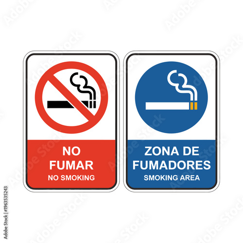 No smoking and smoking area signs in English and Spanish