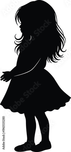 Silhouette of young girl with flowing dress and long hair.