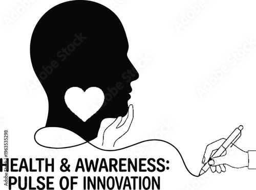 Black silhouette of human body with highlighted heart area, health awareness, high contrast
