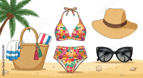 Beachwear ensemble with bikini straw hat sunglasses and beach bag on sand.