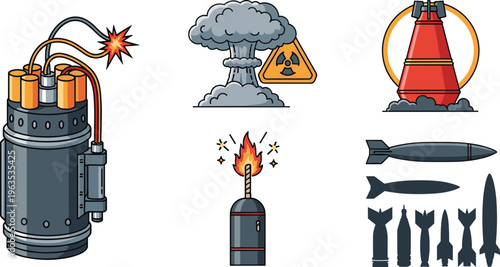 Explosion bomb nuclear threat danger and military weapons collection with fuse and air raid bomb.