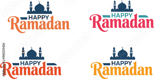 Happy Ramadan Kareem vector greeting typography set with mosque silhouette and crescent moon icon for Islamic holiday celebration designs.