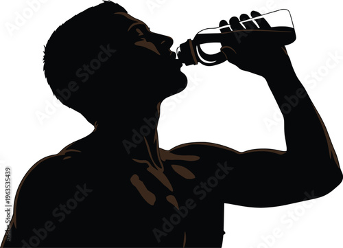 Silhouette of man drinking water from bottle during workout or exercise.