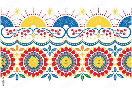Colorful ethnic folk art border pattern with flowers and sun motifs.