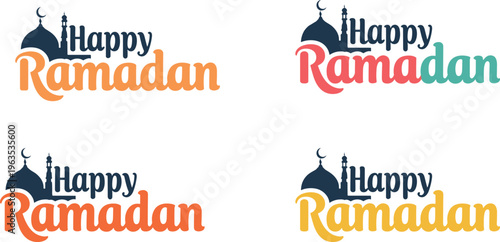 Happy Ramadan Kareem vector greeting typography set with mosque silhouette and crescent moon icon for Islamic holiday celebration designs