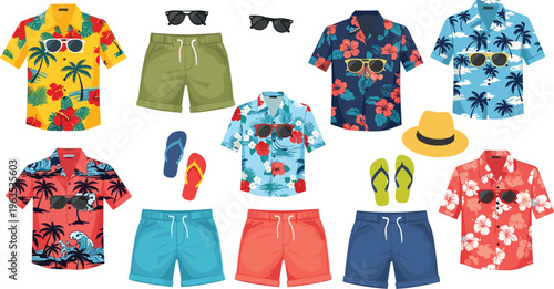 Collection of Hawaiian shirts shorts sunglasses and flip flops for summer vacation.