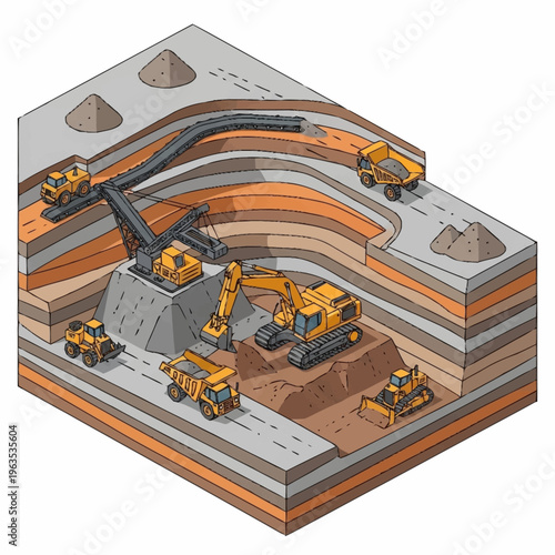 Open Pit Mining Operations with Heavy Machinery and Excavation.