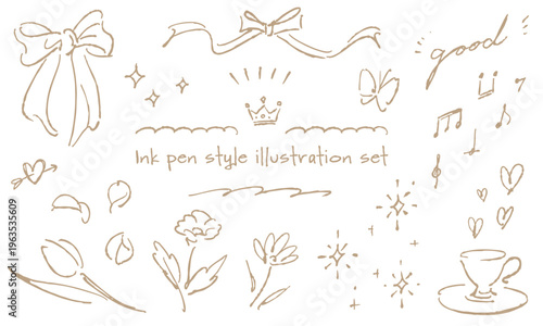 温かみのある薄茶色のインクペン描きアナログ風イラスト素材セット
