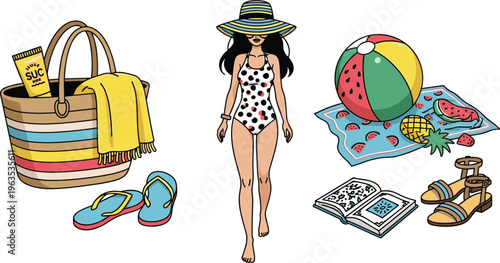 Woman in swimsuit with beach bag sunscreen and accessories.
