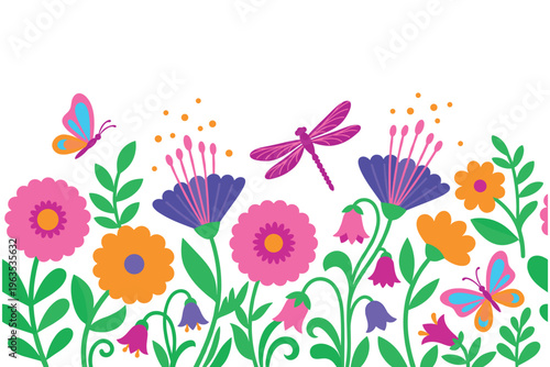 Colorful floral garden border with spring flowers butterflies and dragonfly on white base.