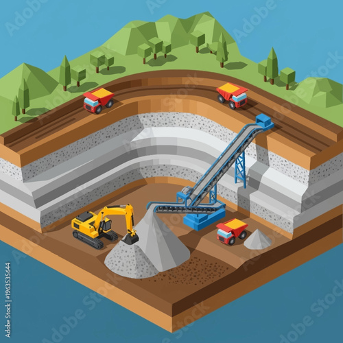 Open Pit Mining Operation with Excavator and Trucks.