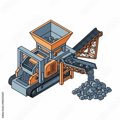 Industrial Mobile Crushing Machine Processing Rocks on Conveyor Belt.