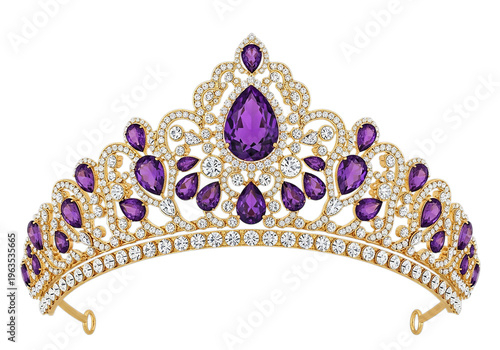 A gold tiara with purple stones on a white background isolated on transparent background