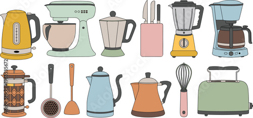Kitchen appliance and utensil vector set featuring stand mixer blender toaster coffee maker kettle and various cooking tools collection.