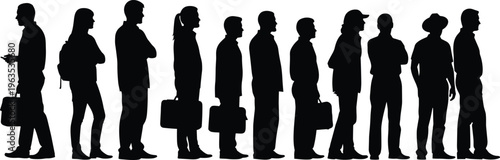 Group of diverse people silhouettes standing in line on transparent background.