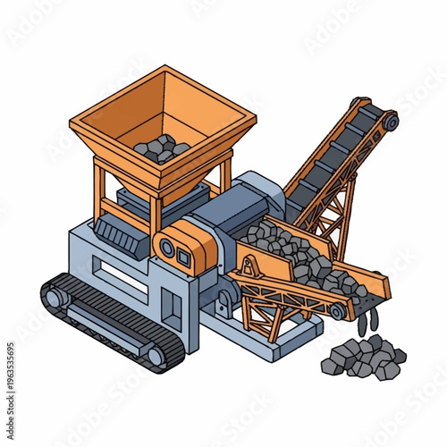 Industrial Crusher Machine Processing Rocks on Conveyor Belt.