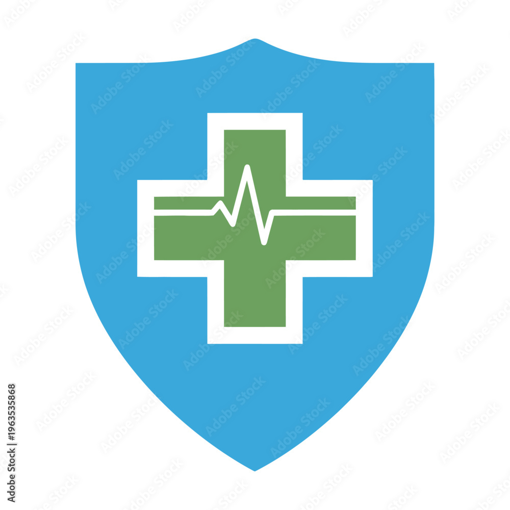 Obraz premium Blue Shield with Green Medical Cross and Heartbeat Line, Healthcare Protection Logo on Isolated White Background