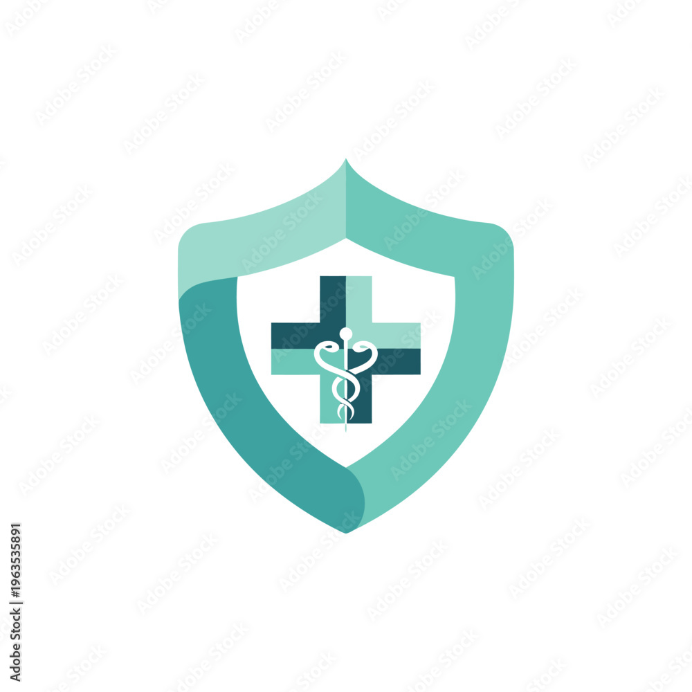 Obraz premium Teal and light blue medical shield logo with healthcare cross and caduceus symbol, representing modern health security on isolated white background.