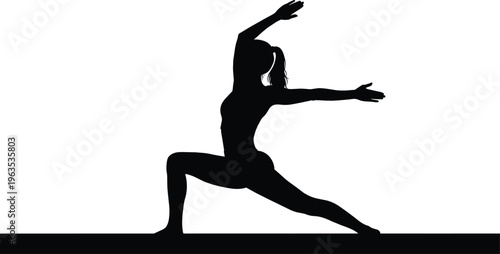 Silhouette of woman performing yoga warrior pose with arms outstretched on black background.