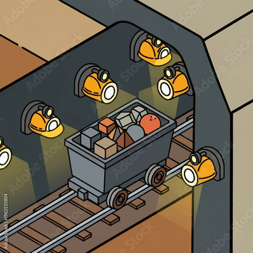 Cartoon Mining Cart Filled With Ore and Gems.