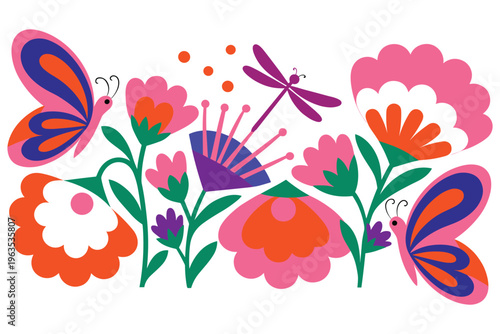 Colorful spring garden illustration with butterflies and blooming flowers in flat art style.