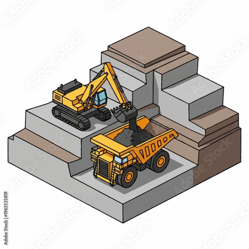 Isometric Excavator Loading Dump Truck in Quarry.