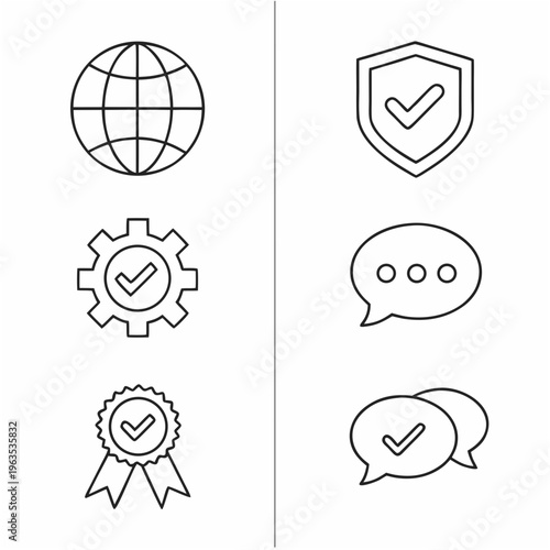 Minimalist Thin-Line Vector UI UX Icon Set - Globe Gear Shield Chat Medal Search