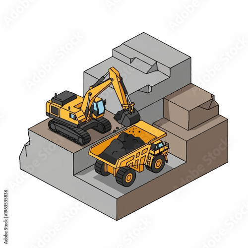 Excavator Loading Dump Truck with Coal in Quarry.