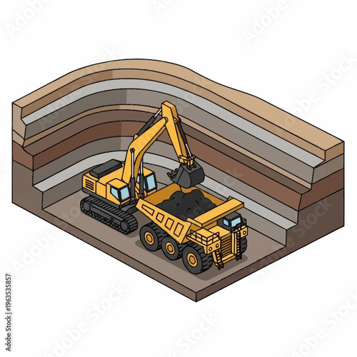 Excavator Loading Dump Truck with Coal in Open Pit Mine.