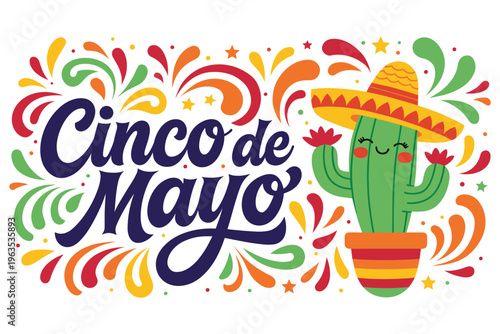 Cute cartoon cactus character wearing sombrero hat for cinco de mayo festive celebration.