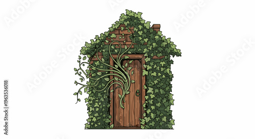 A brick house completely covered in ivy, with a wooden door at its center