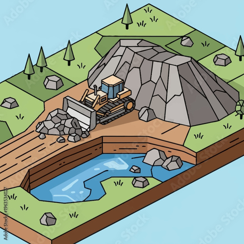 Bulldozer Pushing Rocks Near Excavated Pit With Water.
