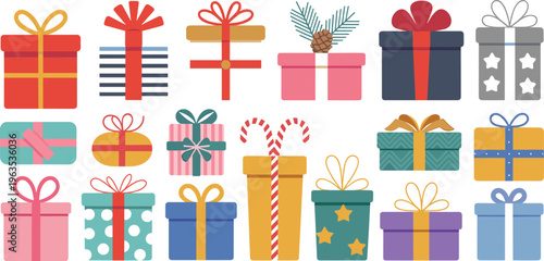 Large collection of colorful gift boxes with ribbons and bows vector illustration set for birthday christmas and holiday celebrations.