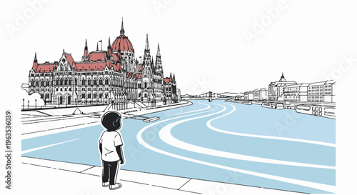 A child gazes at a grand riverside architecture and a flowing river