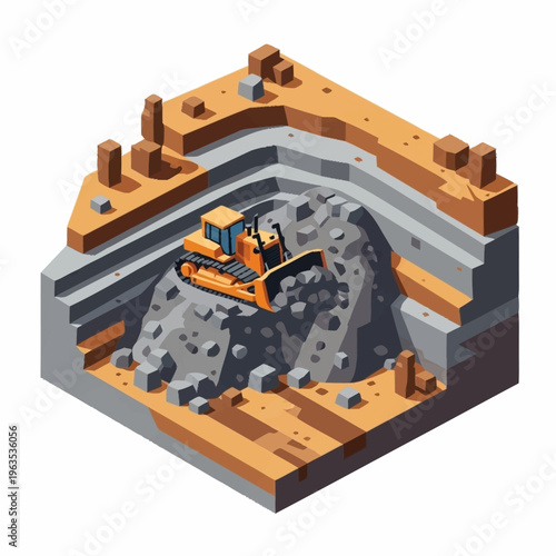 Bulldozer excavating rock in open pit mine isometric view.