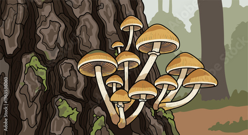A cluster of golden-capped mushrooms grows on rough tree bark