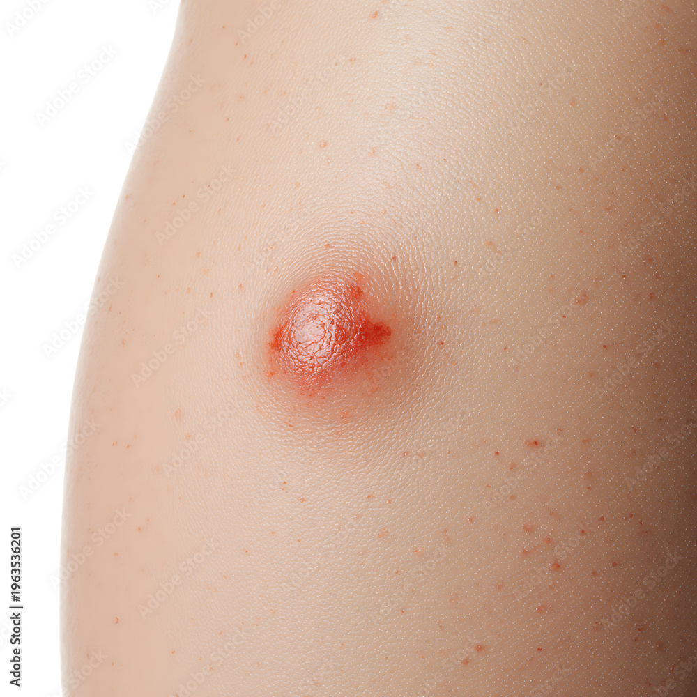 Fototapeta premium Close-up view of inflamed skin with a red bump on human body