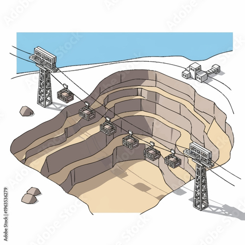 Open Pit Mine With Cable Car System Illustration.