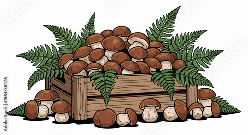 Abundant fresh mushrooms overflowing from a rustic wooden crate, adorned with ferns