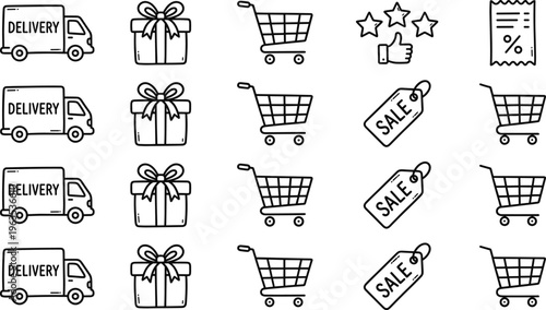 Ecommerce and Shopping Icon Set with Delivery Truck, Gift Box, Cart, Sale Tag, Discount, and Online Store Line Vector Collection