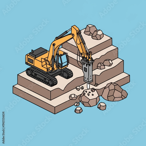 Excavator with hydraulic breaker demolishing rock on construction site.