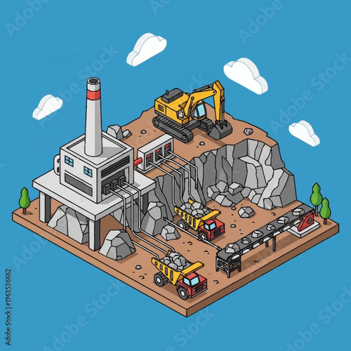 Isometric Industrial Mining Operation with Factory and Trucks.
