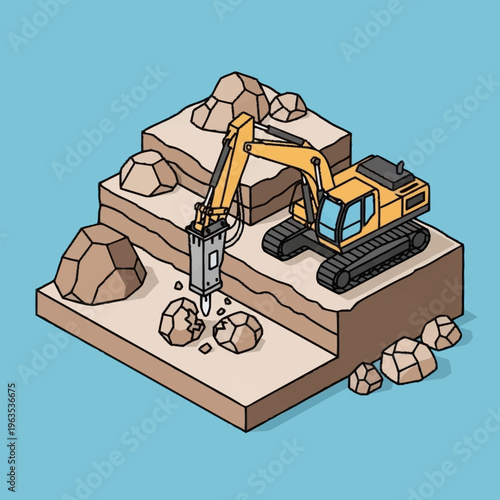 Excavator with Hydraulic Hammer Breaking Rocks on Construction Site.